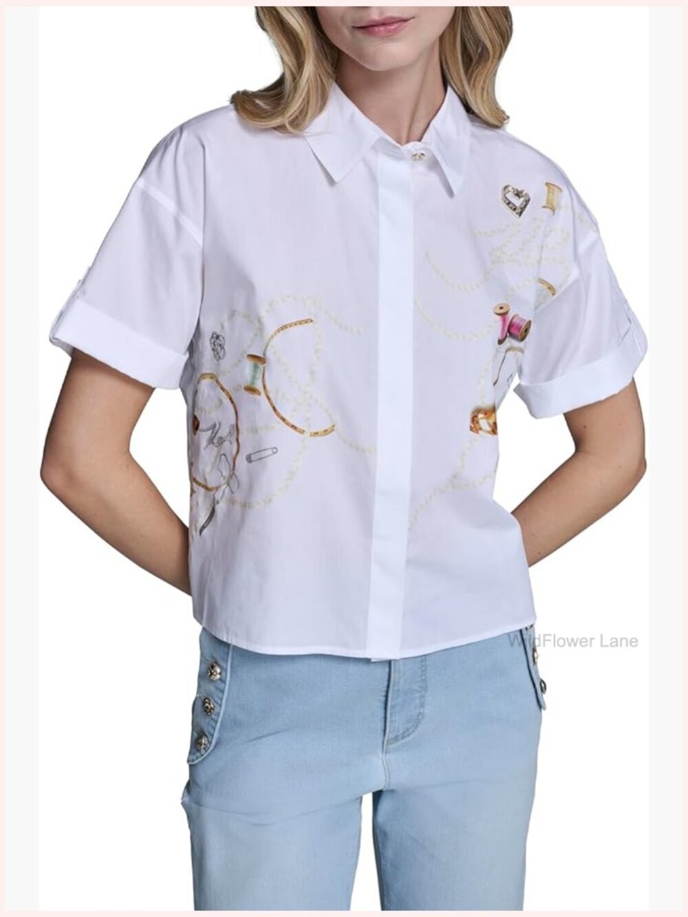 Whimsical Sewing Scenes Blouse, Cap Sleeve Crew Neck, Pull On, 100% Cotton,